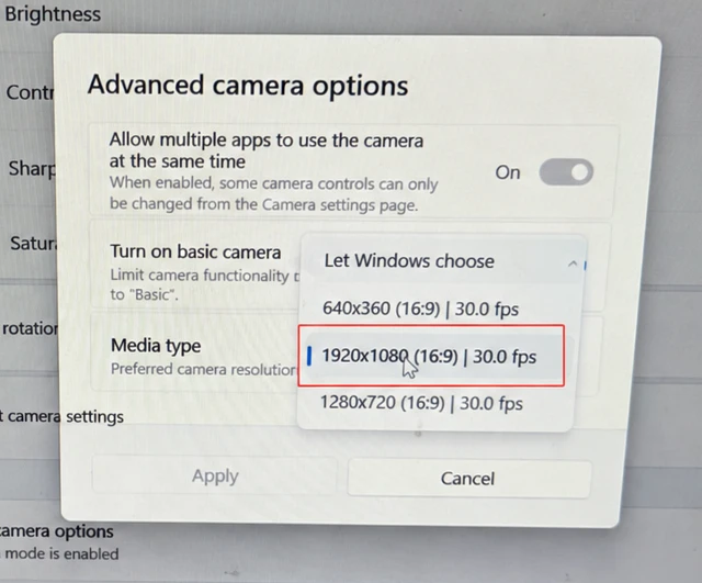Windows Advanced camera options with media type set to 1920x1080