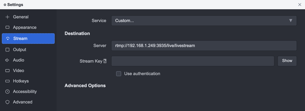 OBS Stream settings: Service set to Custom, server address pasted, Use authentication unchecked