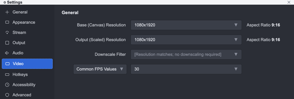 OBS Video settings: Base and Output resolution 1080x1920, aspect 9:16