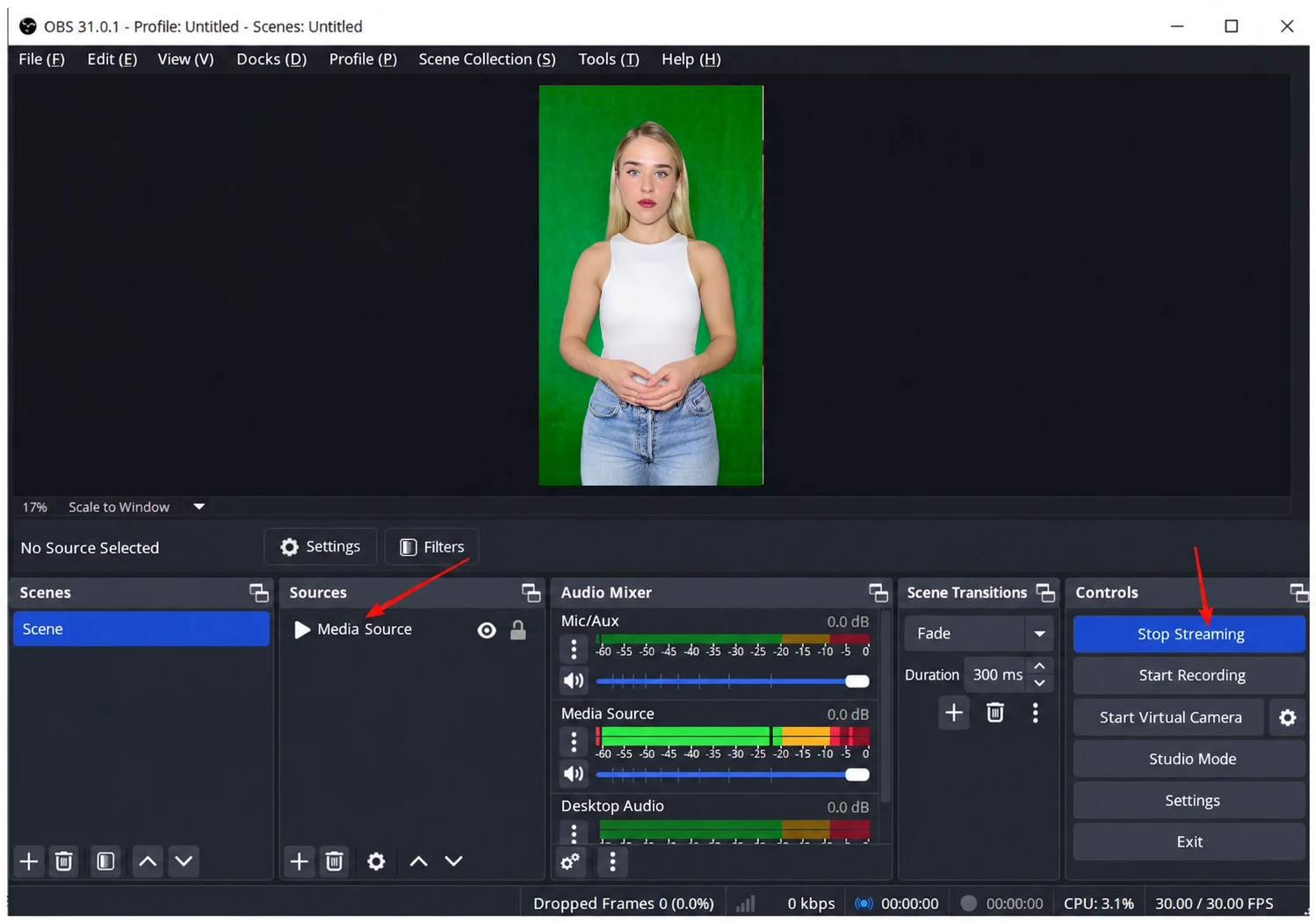 OBS main window with a Media Source added and streaming started