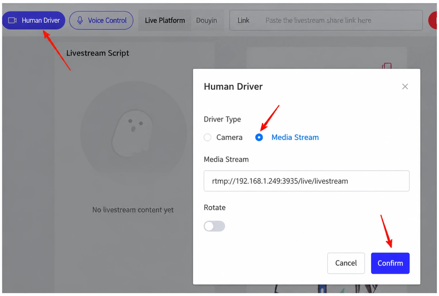 Human Driver dialog with Driver Type set to Media Stream and the RTMP address pasted