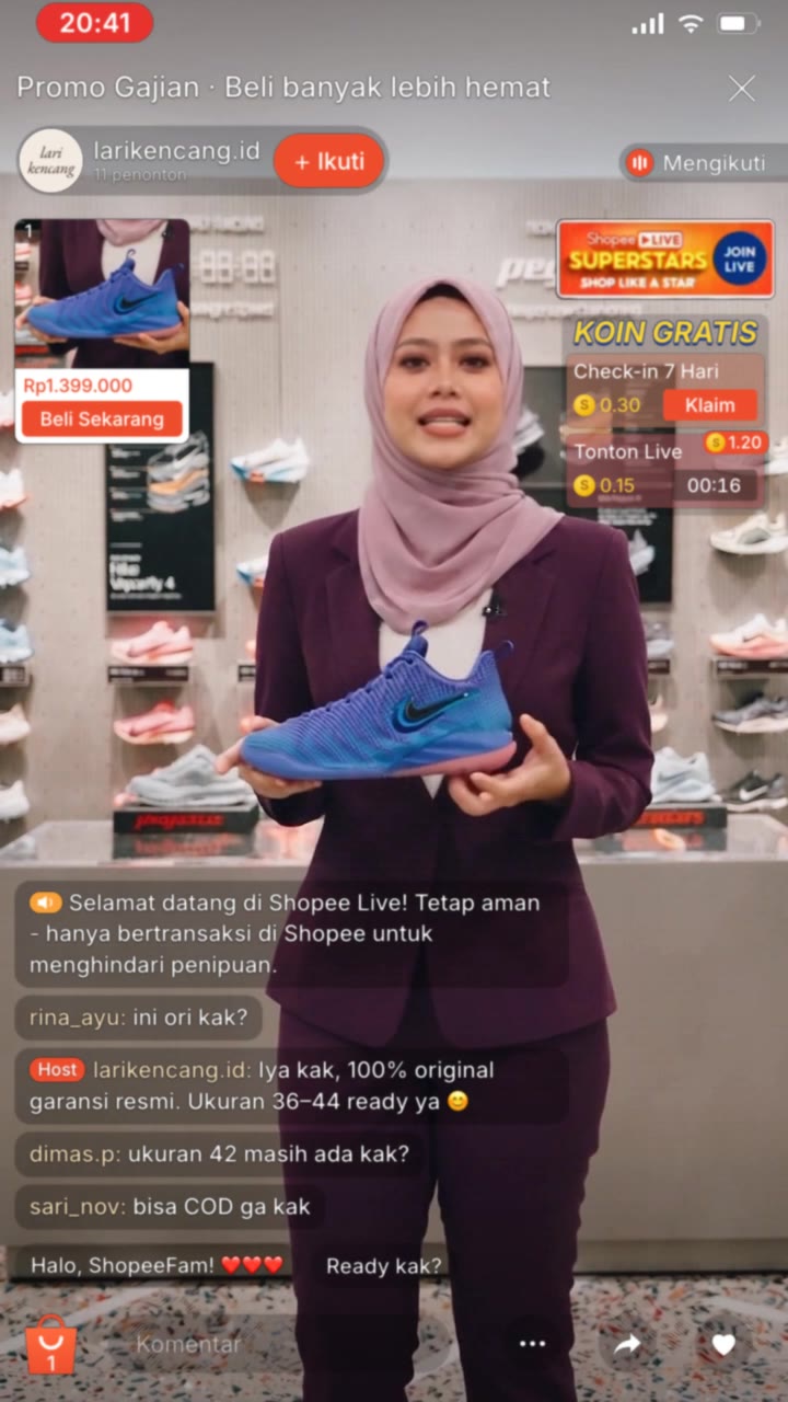 AI ไลฟ์ขายของกำลังนำเสนอสินค้าระหว่าง Shopee Live ในอินโดนีเซีย พร้อม Shopee coins และโปรส่งฟรี