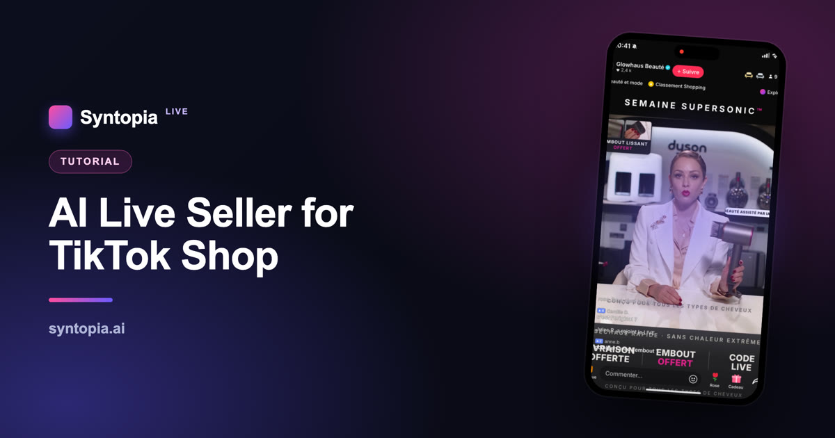 Syntopia BOX startup guide showing the 7 steps to set up an AI live seller on TikTok Shop