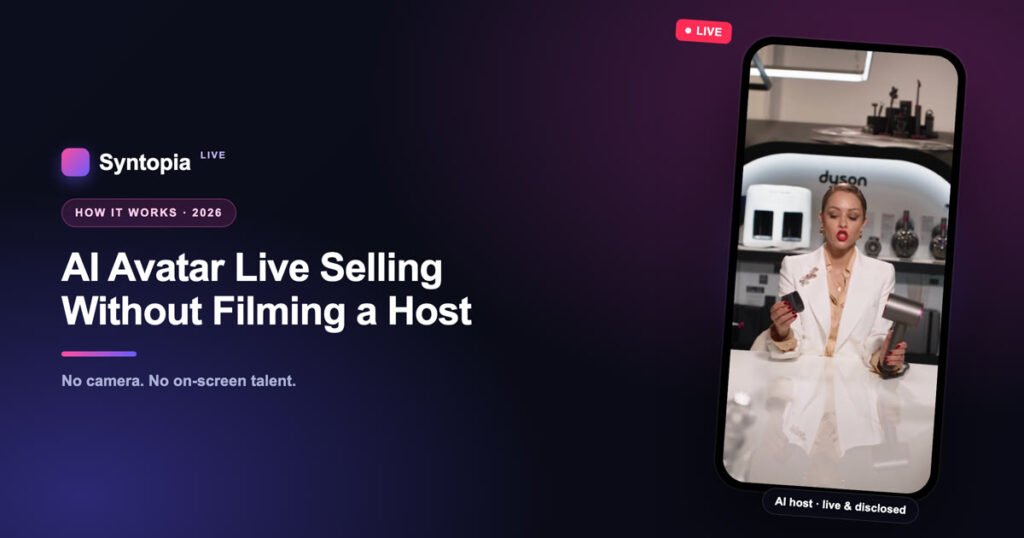 AI avatar live selling without filming a host - Syntopia AI digital human presenting live