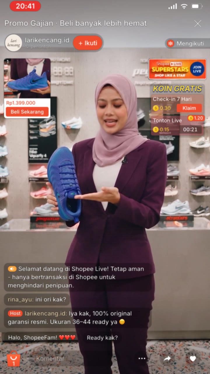 อวตาร AI เป็นพิธีกร Shopee Live ในอินโดนีเซีย ขายรองเท้า Nike พร้อมการ์ดสินค้า Beli Sekarang และคอมเมนต์สด