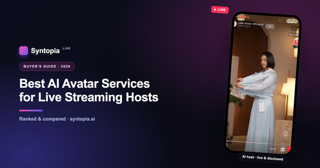 Syntopia AI host presenting a live shopping stream - best AI avatar services for live streaming hosts 2026