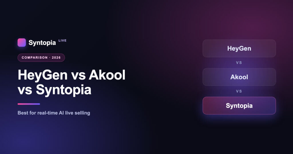 HeyGen vs Akool vs Syntopia real-time AI live selling comparison