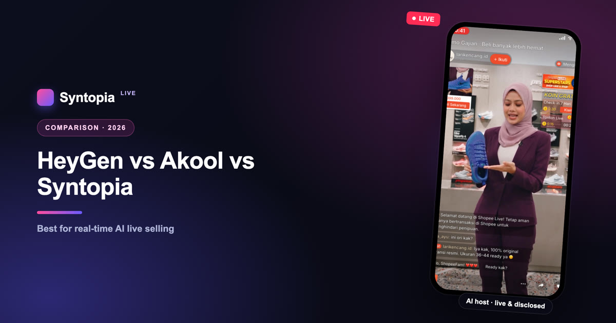 HeyGen vs Akool vs Syntopia real-time AI live selling comparison with a Syntopia AI host live on Shopee